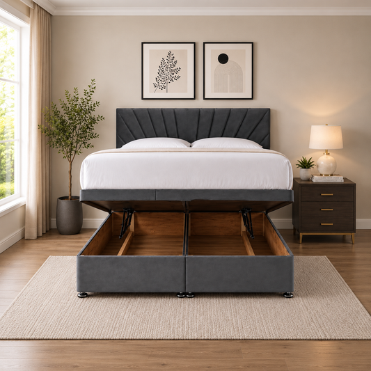 Sunrise Divan Ottoman bed front view with lift-up storage open