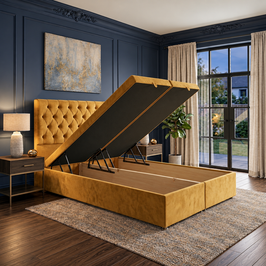 Chesterfield Divan Ottoman bed in mustard velvet with lift-up storage open