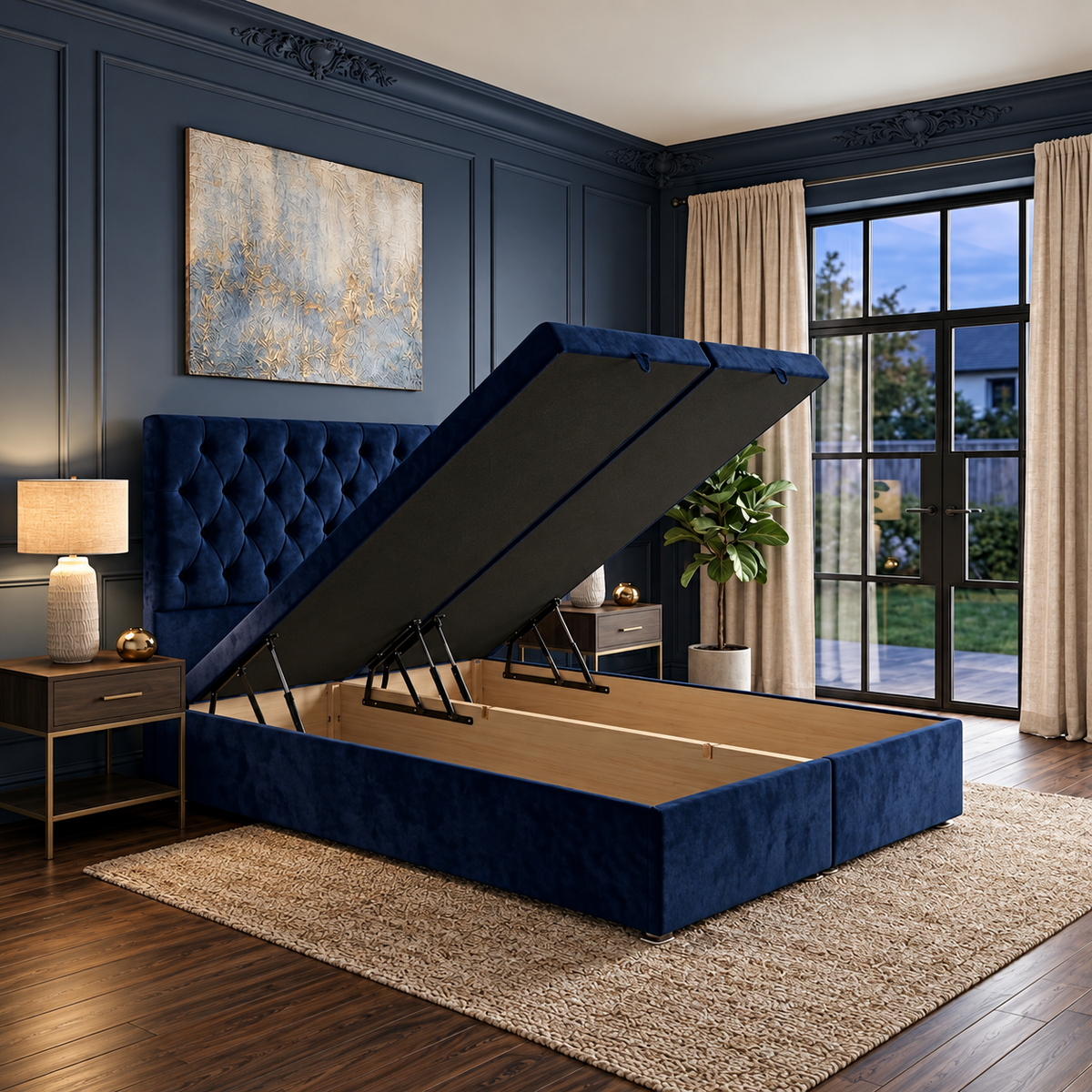 Chesterfield Divan Ottoman bed in navy velvet with lift-up storage open