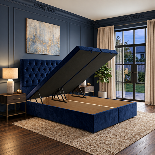 Chesterfield Divan Ottoman bed in navy velvet with lift-up storage open
