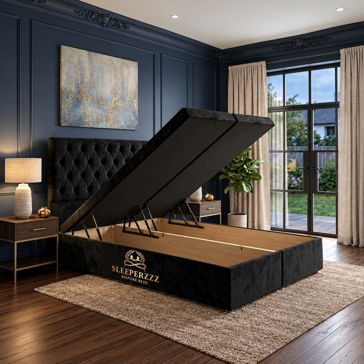 Chesterfield Divan Ottoman bed in black velvet with lift-up storage open