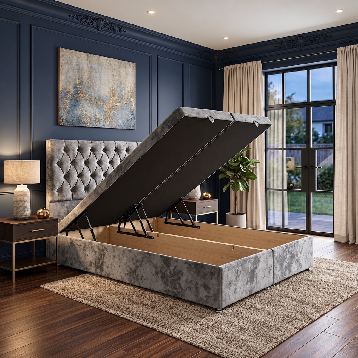 Chesterfield Divan Ottoman bed in silver grey velvet with lift-up storage open