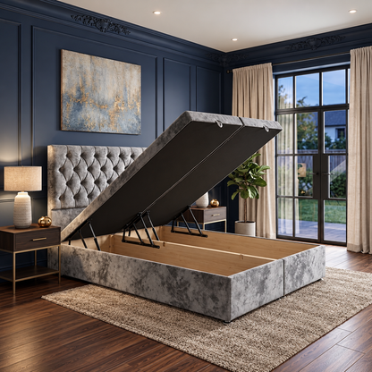 Chesterfield Divan Ottoman bed in silver grey velvet with lift-up storage open