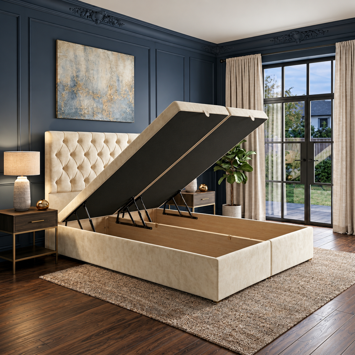 Chesterfield Divan Ottoman bed in cream velvet with lift-up storage open