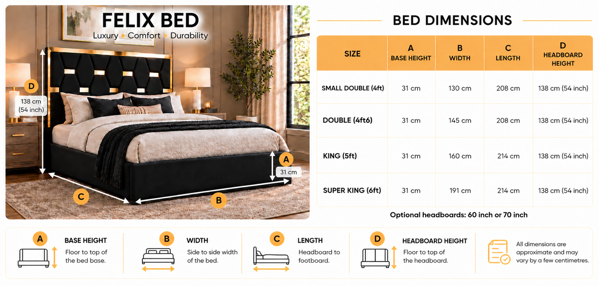 Felix bed dimensions with A base height 31 cm for all sizes.