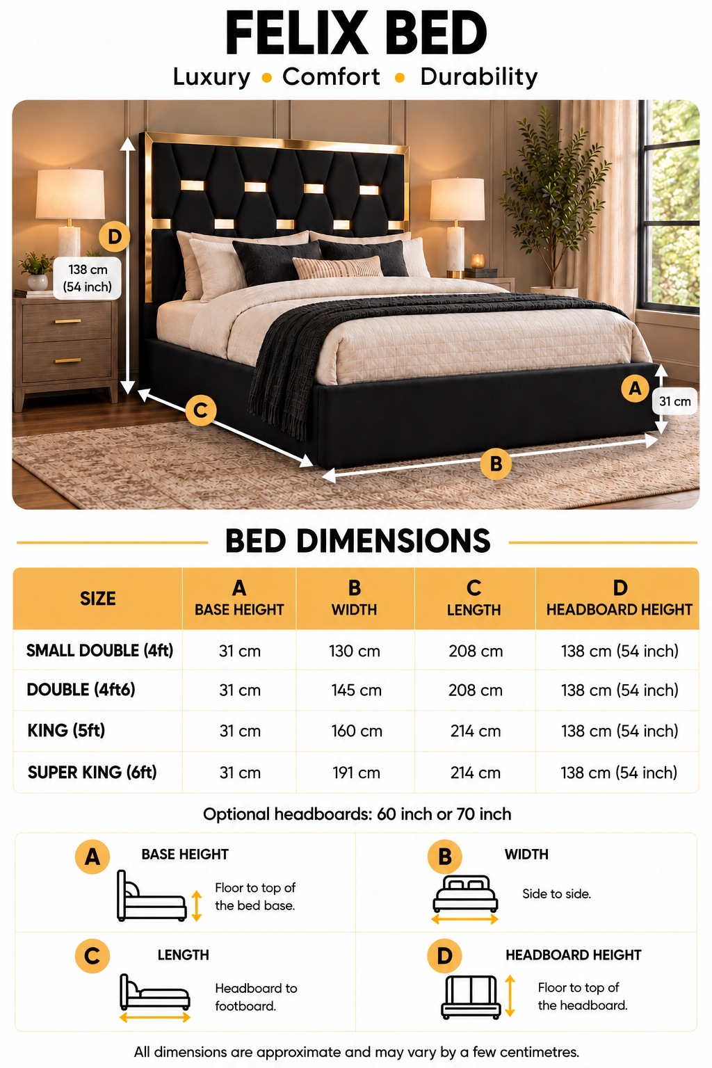 Felix bed dimensions for mobile with A base height 31 cm for all sizes.