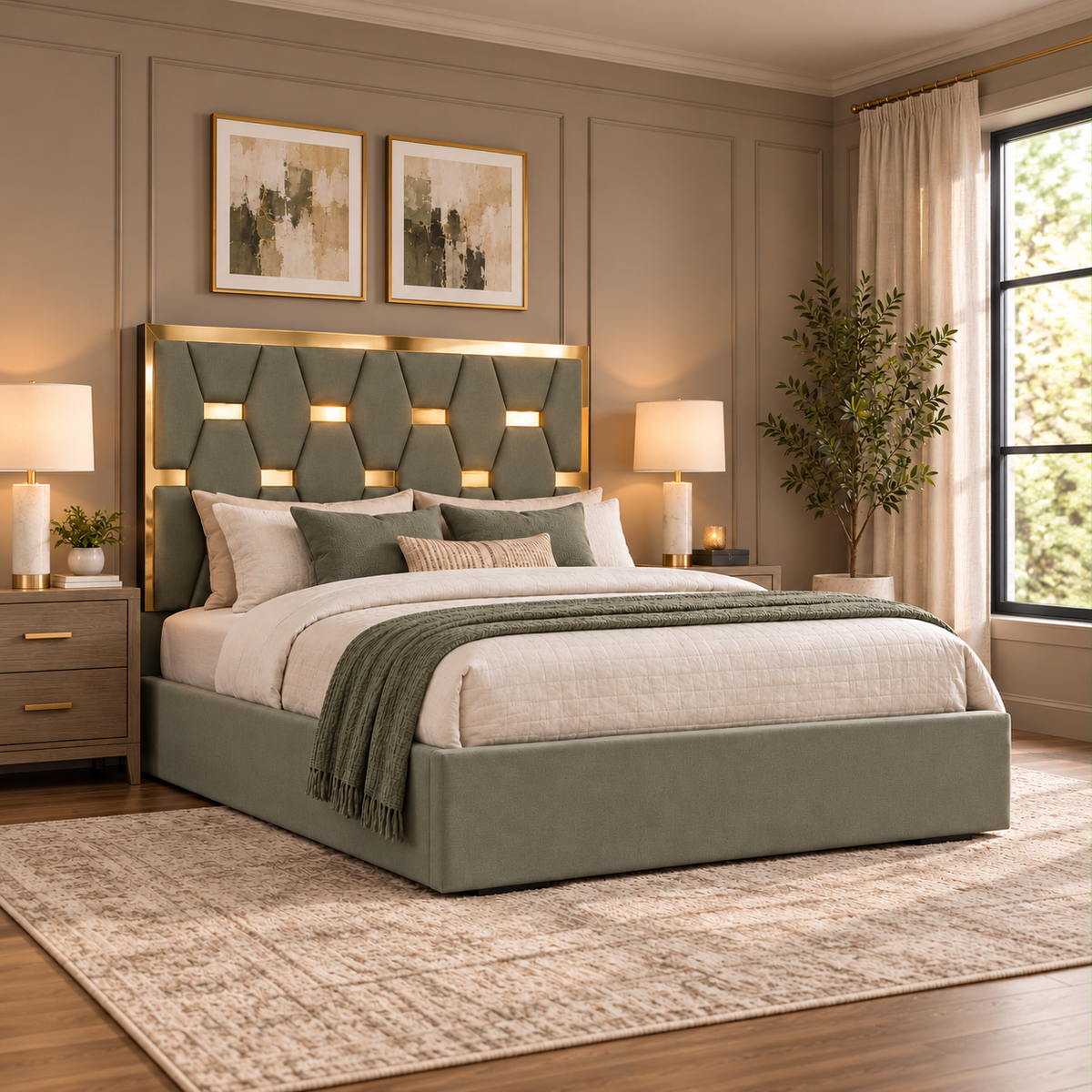 Felix upholstered bed — olive finish