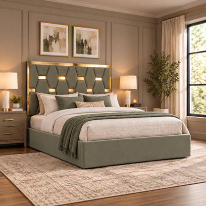 Felix upholstered bed — olive finish