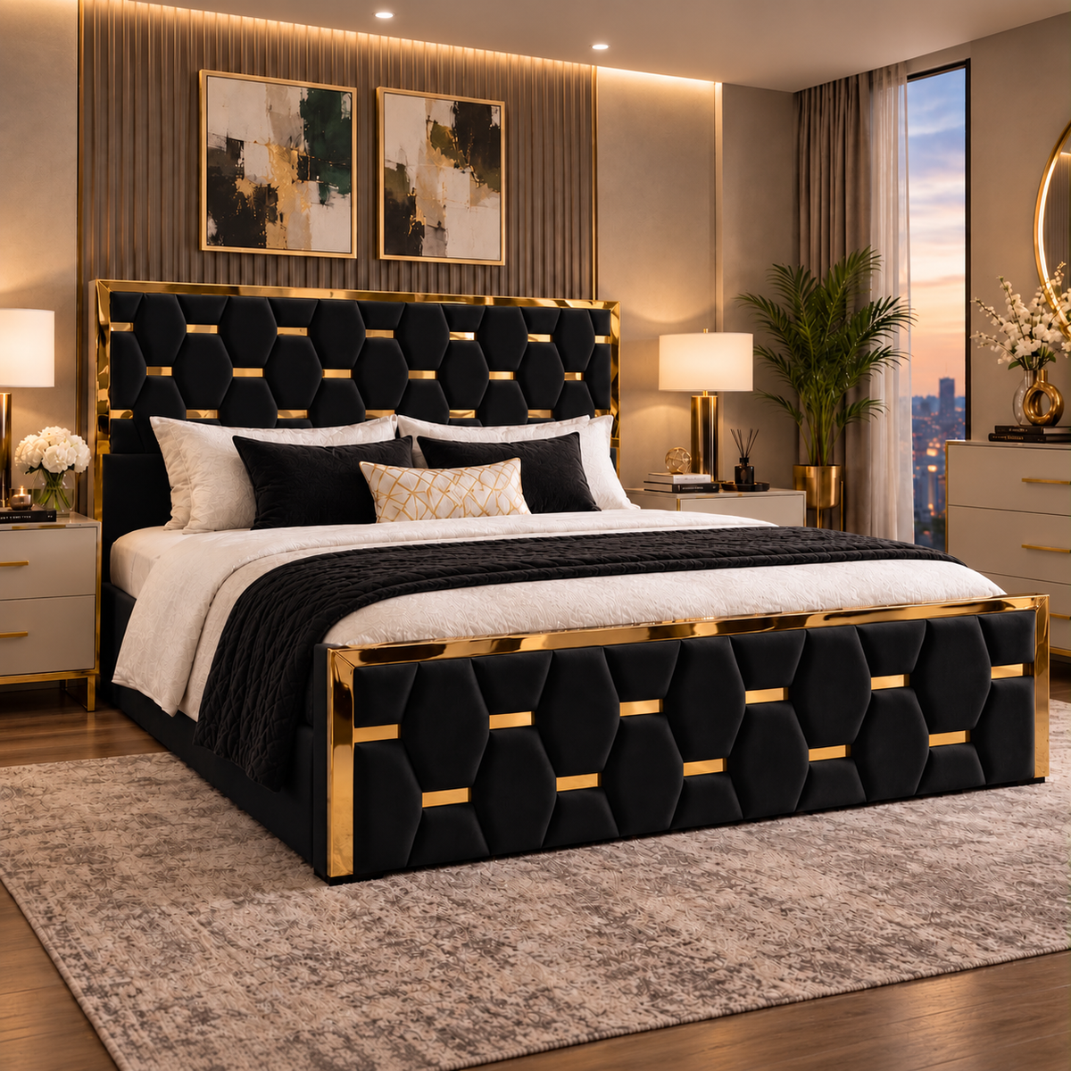Hierra upholstered bed — black finish with gold strip detailing