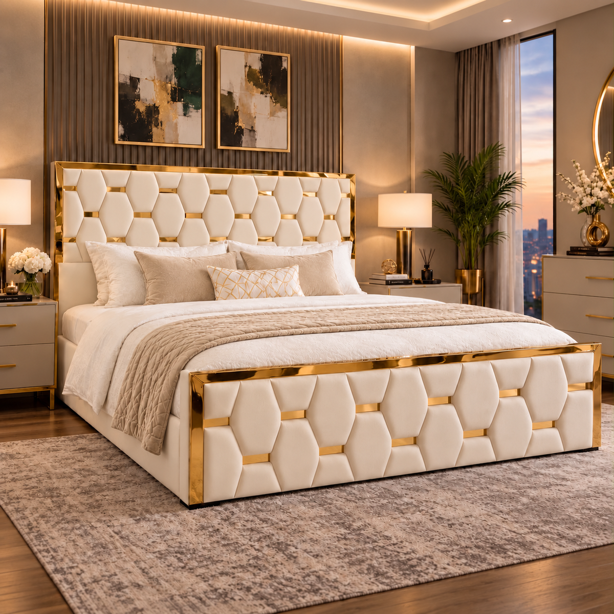 Hierra upholstered bed — cream finish with gold strip detailing