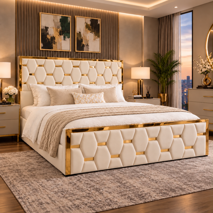 Hierra upholstered bed — cream finish with gold strip detailing