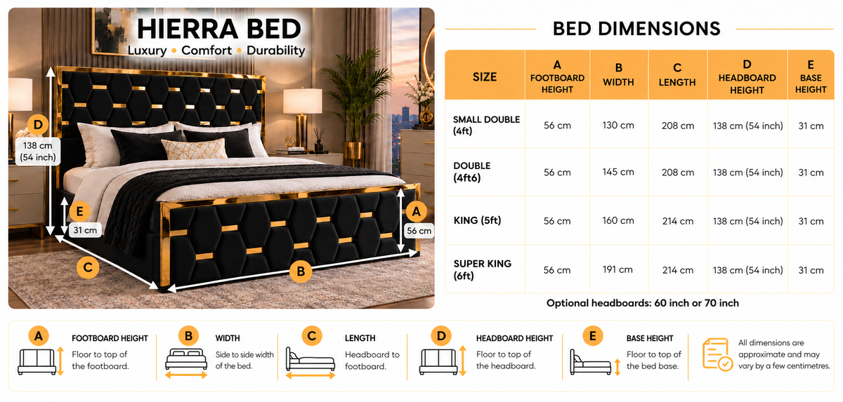 Hierra desktop bed dimensions including footboard height 56 cm and base height 31 cm for all sizes.