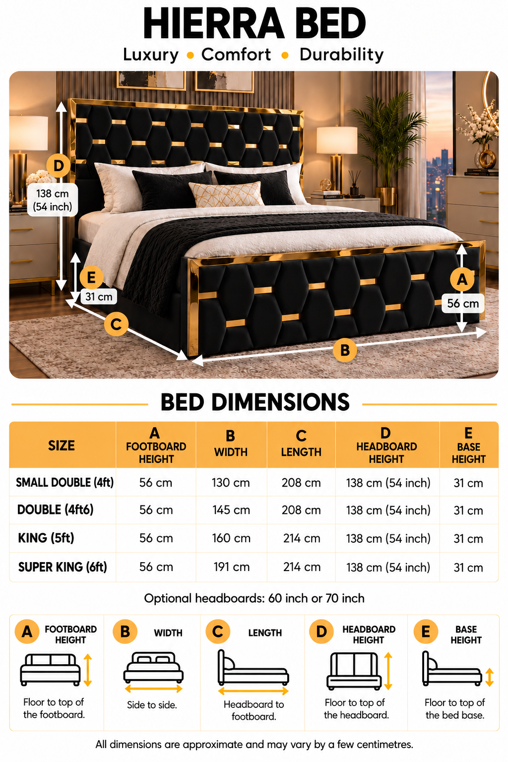 Hierra mobile bed dimensions including footboard height 56 cm and base height 31 cm for all sizes.