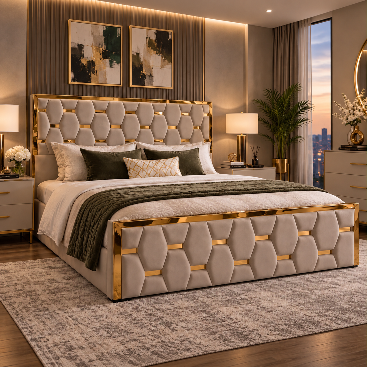 Hierra upholstered bed — taupe finish with gold strip detailing