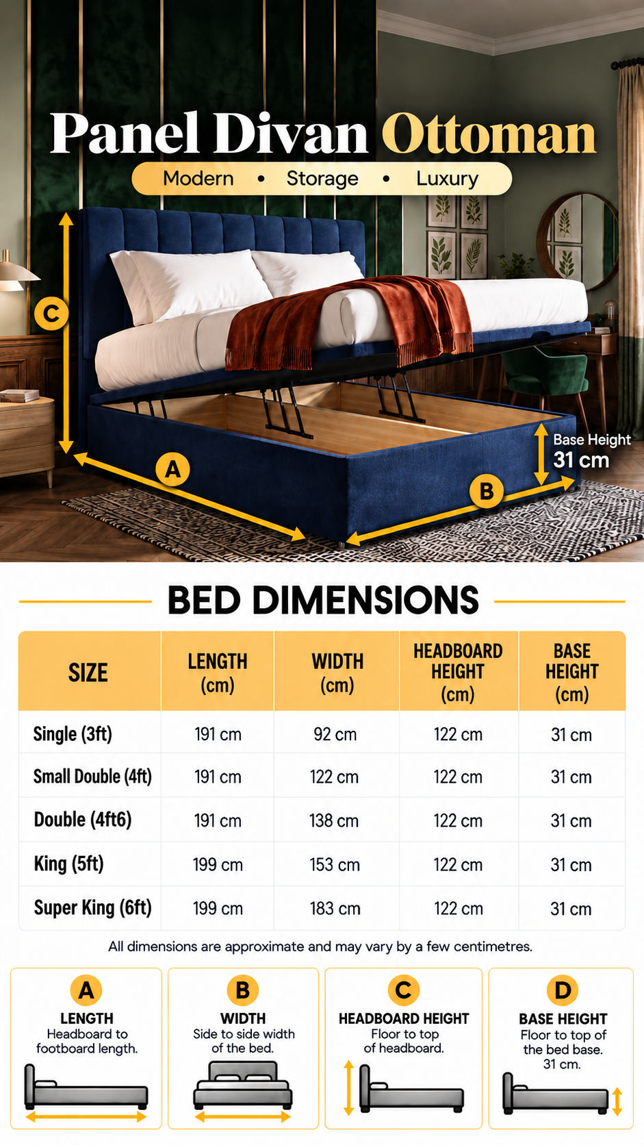 Panel Divan Ottoman dimensions chart mobile without logo