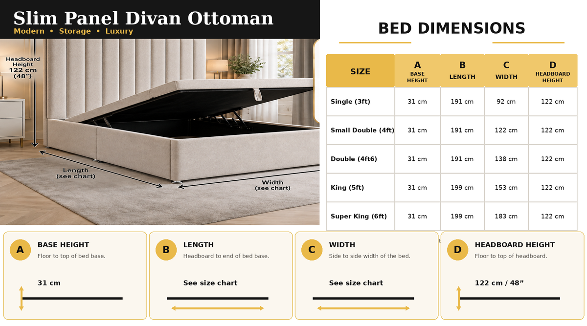 Slim Panel Divan Ottoman dimensions chart desktop