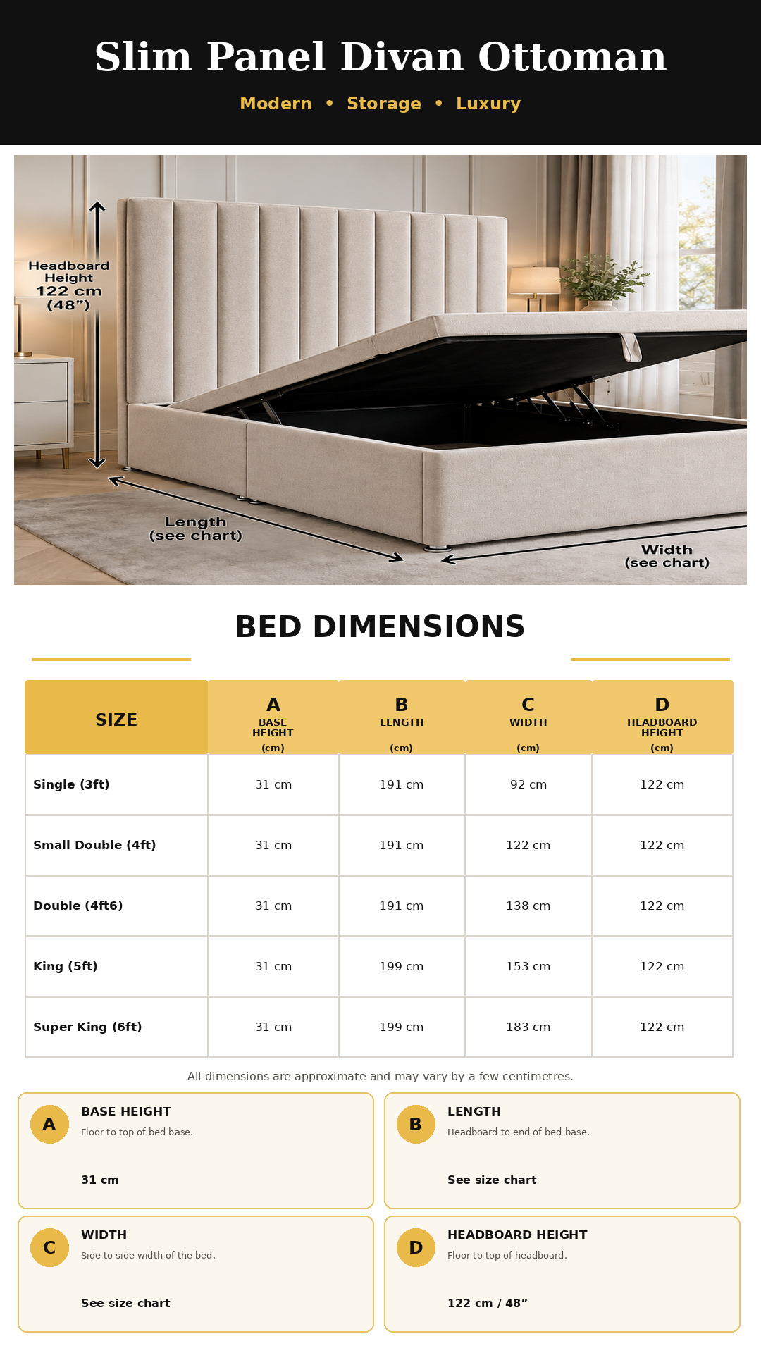 Slim Panel Divan Ottoman dimensions chart mobile