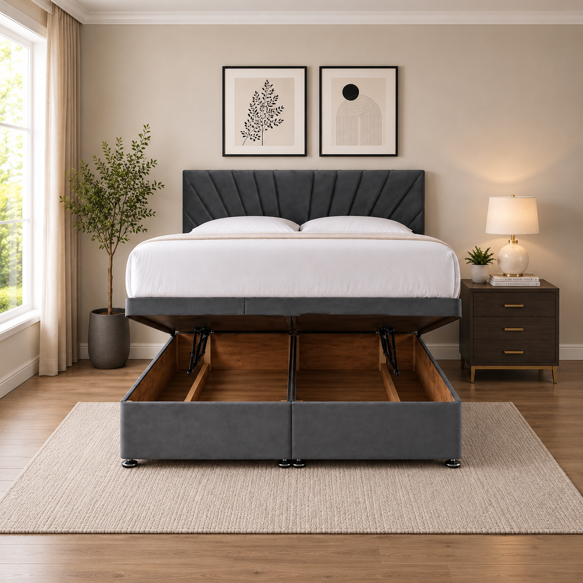 Sunrise Divan Ottoman bed front view with lift-up storage open