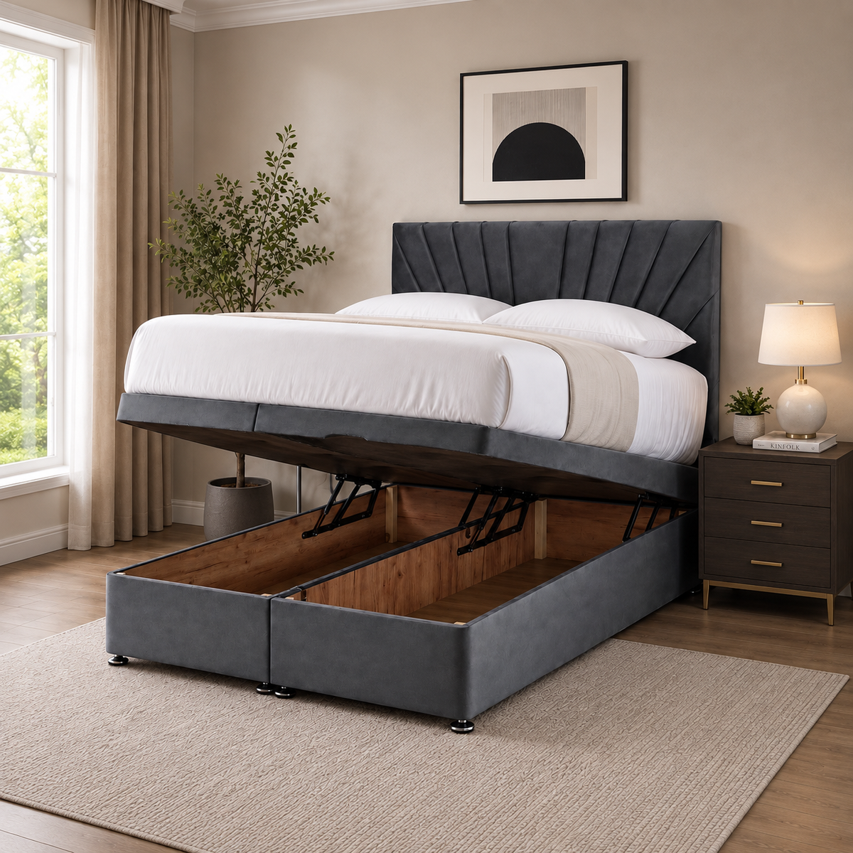 Sunrise Divan Ottoman bed angled view with lift-up storage open