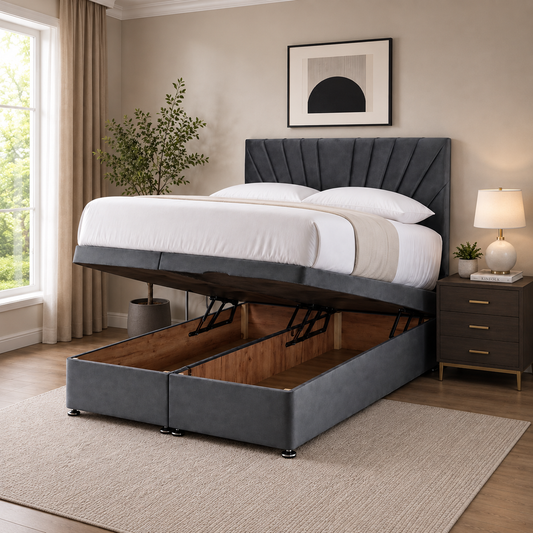 Sunrise Divan Ottoman bed angled view with lift-up storage open