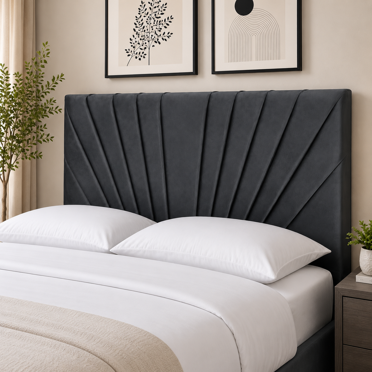 Sunrise Divan Ottoman charcoal fan-panel headboard close-up