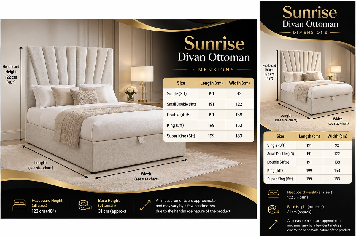 Sunrise Divan Ottoman dimensions chart mobile