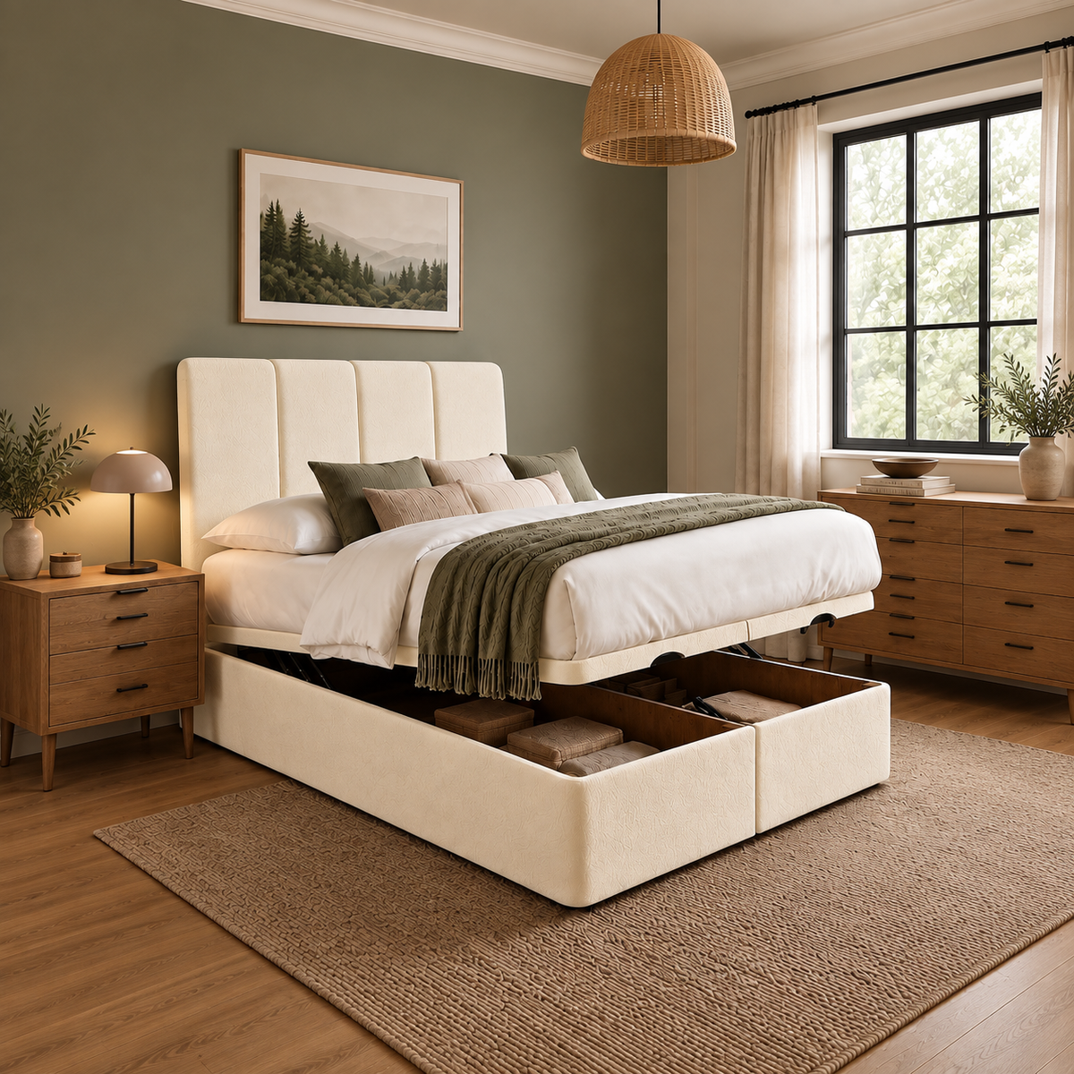 Wide Panel Divan Ottoman bed in cream fabric with ottoman storage