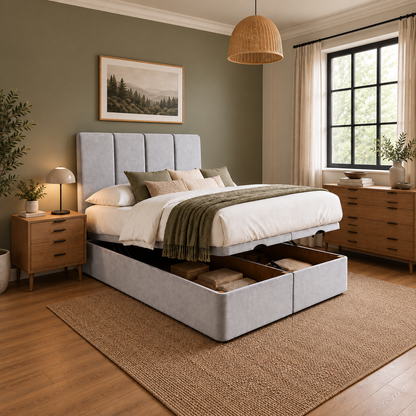 Wide Panel Divan Ottoman bed with wide panel headboard and storage