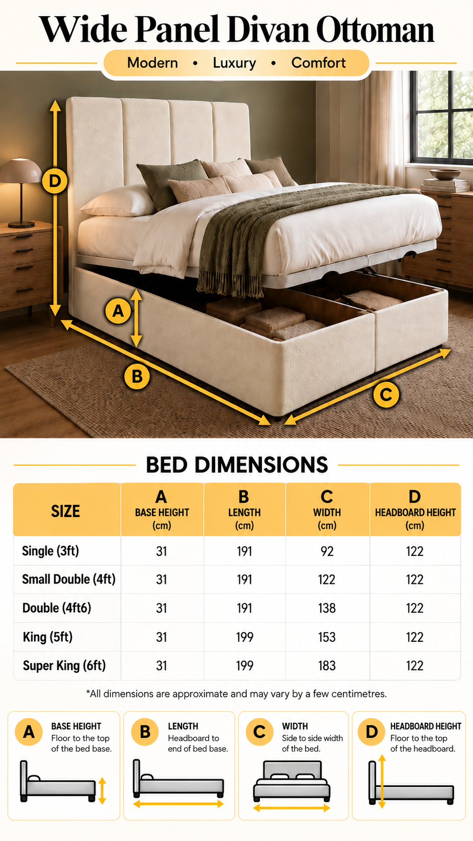 Wide Panel Divan Ottoman dimensions chart mobile